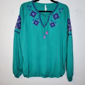 Southern Tide Teal Embroidered Tunic Top Blouse Size Large, Long Sleeve w Tassel